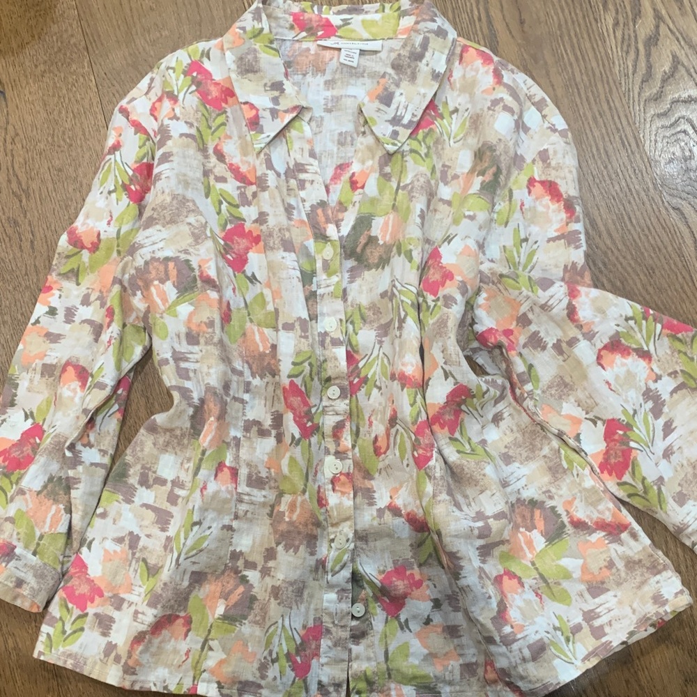 JM Collection 100% linen  Floral Button-Down Shirt
